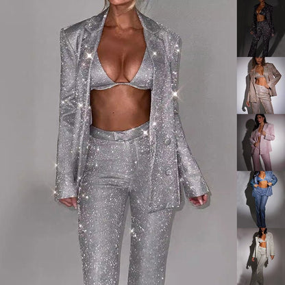 3pcs Shiny Long - Sleeved Suit Set for Women: Blazer & Trousers - Xandu Limited - The Fashion Store