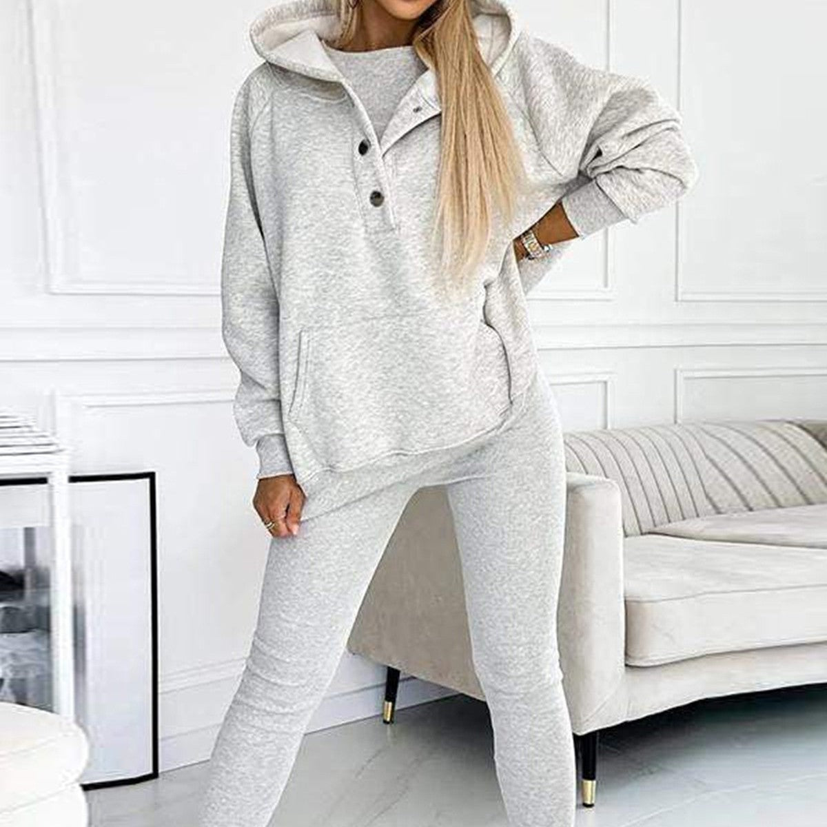 3pcs Women's Sports Suit Loose Hooded Pockets Sweatshirt And Vest And Slim Trousers - Xandu Limited