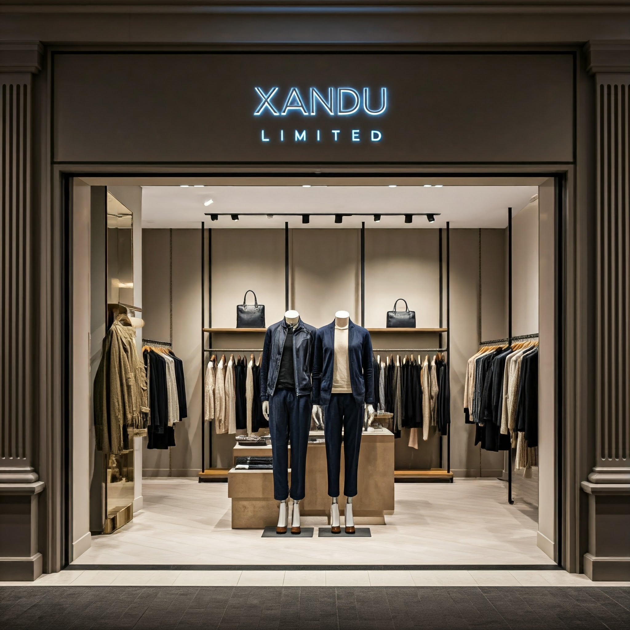 <img alt> A Xandu Limited Storefront like you would see in a mall, showcasing mannequins in men's clothing. 