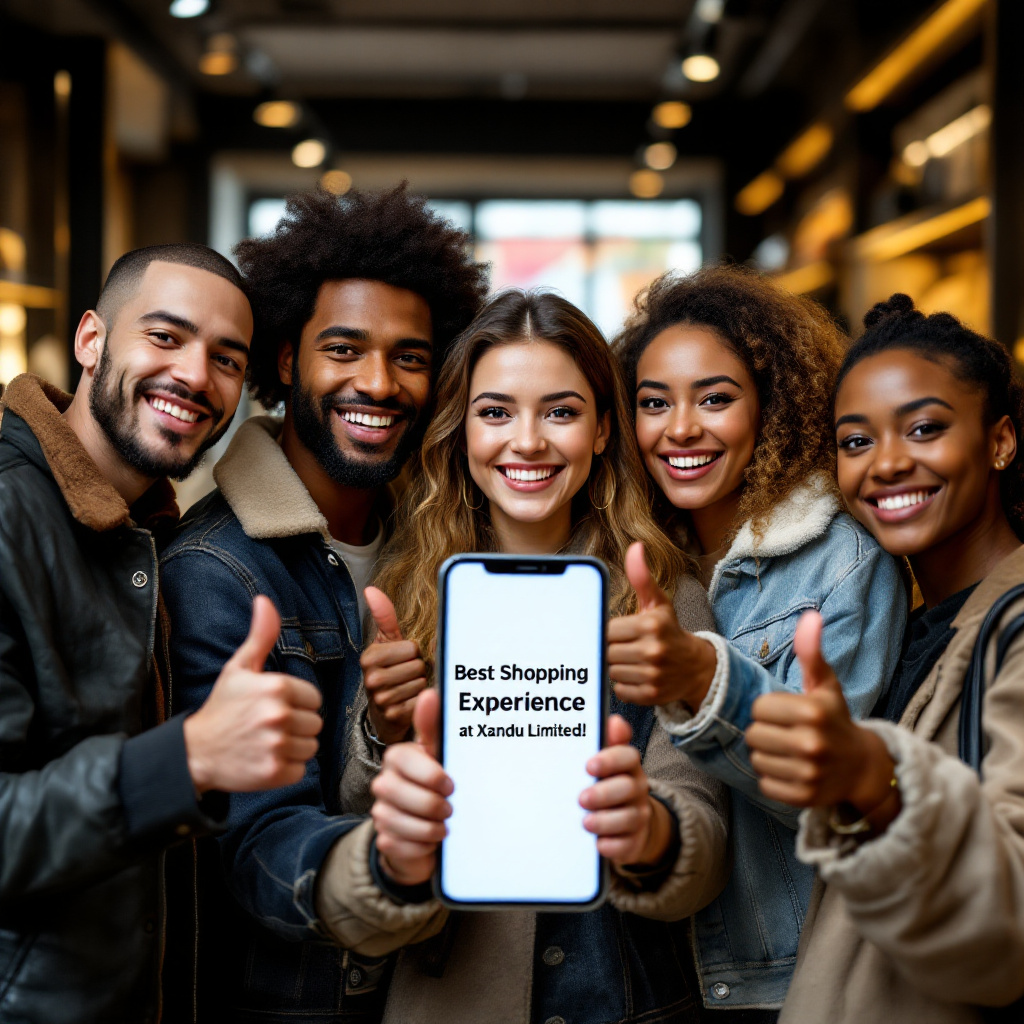 Group of multi racial friends giving thumbs up, with a phone screen advert saying Best Shopping Experience at Xandu Limited