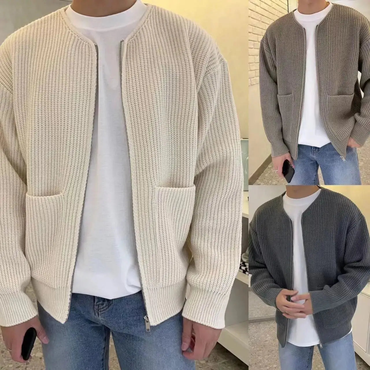 Men's Zip - Up Knitted Cardigan - Funnel Neck Sweater with Pockets - Xandu Limited