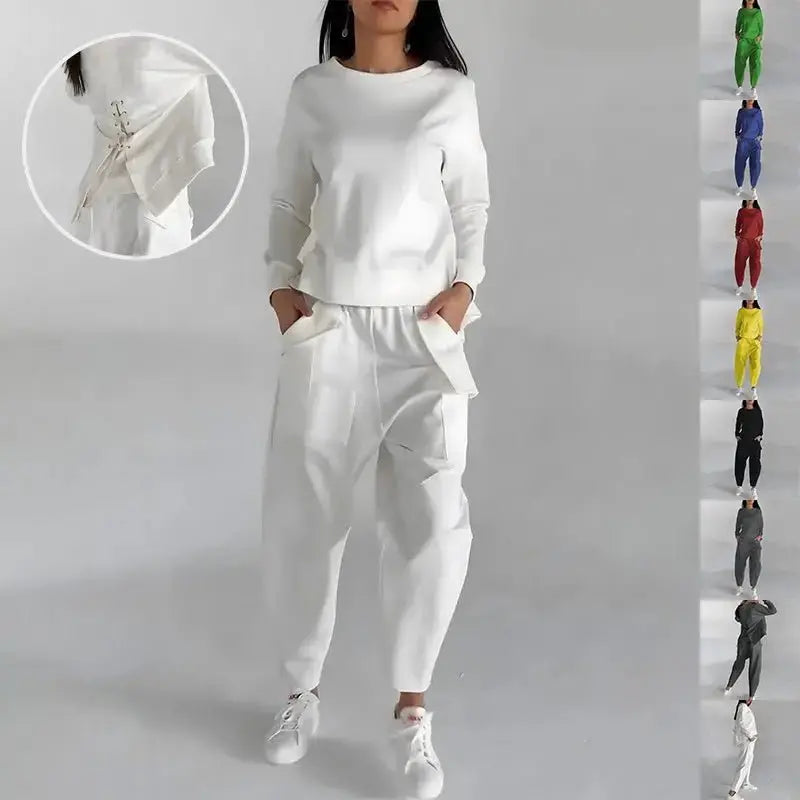 Solid Color Womens sweatsuit Long Sleeve Back Slit Top with Pockets & Loose Trousers - Xandu Limited