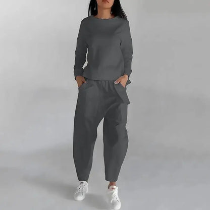 Solid Color Womens sweatsuit Long Sleeve Back Slit Top with Pockets & Loose Trousers - Xandu Limited