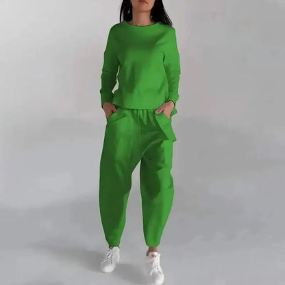 Solid Color Womens sweatsuit Long Sleeve Back Slit Top with Pockets & Loose Trousers - Xandu Limited