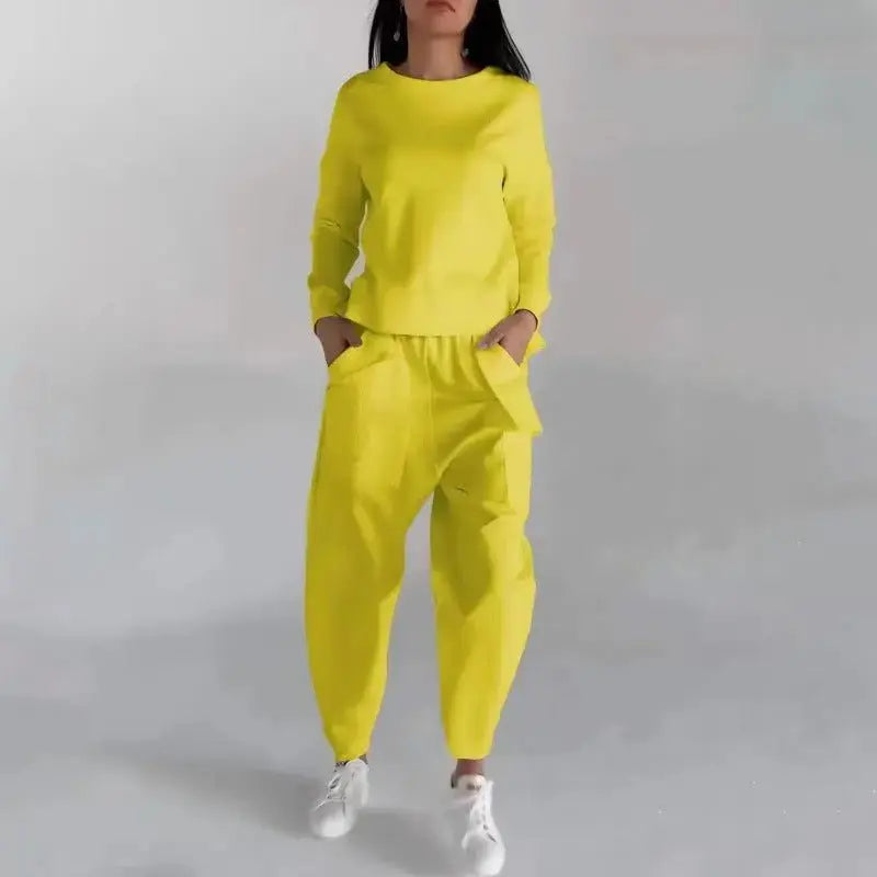 Solid Color Womens sweatsuit Long Sleeve Back Slit Top with Pockets & Loose Trousers - Xandu Limited