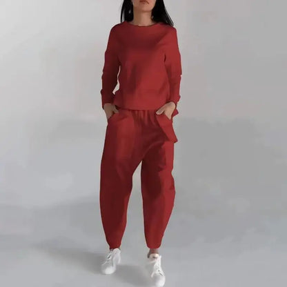 Solid Color Womens sweatsuit Long Sleeve Back Slit Top with Pockets & Loose Trousers - Xandu Limited