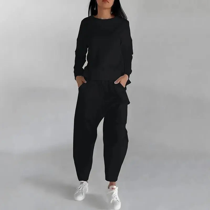 Solid Color Womens sweatsuit Long Sleeve Back Slit Top with Pockets & Loose Trousers - Xandu Limited