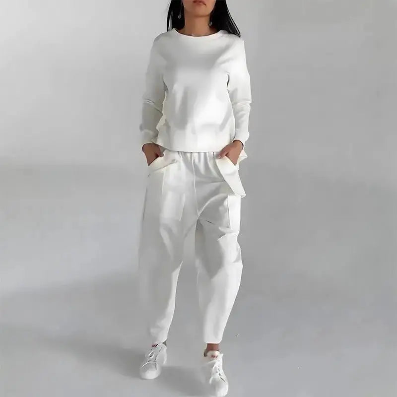 Solid Color Womens sweatsuit Long Sleeve Back Slit Top with Pockets & Loose Trousers - Xandu Limited