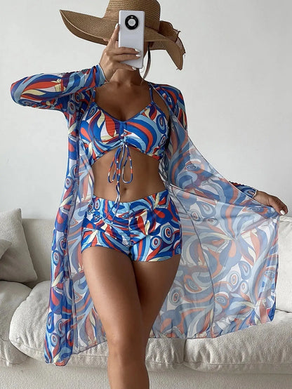 Women's 3 - Piece Print Bikini with Long Sleeve Cardigan - Xandu Limited