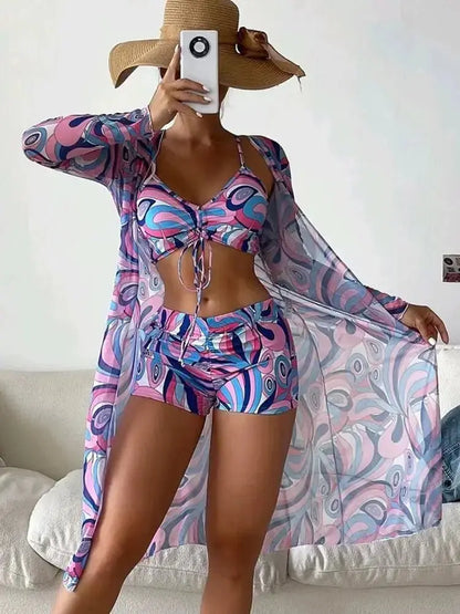 Women's 3 - Piece Print Bikini with Long Sleeve Cardigan - Xandu Limited