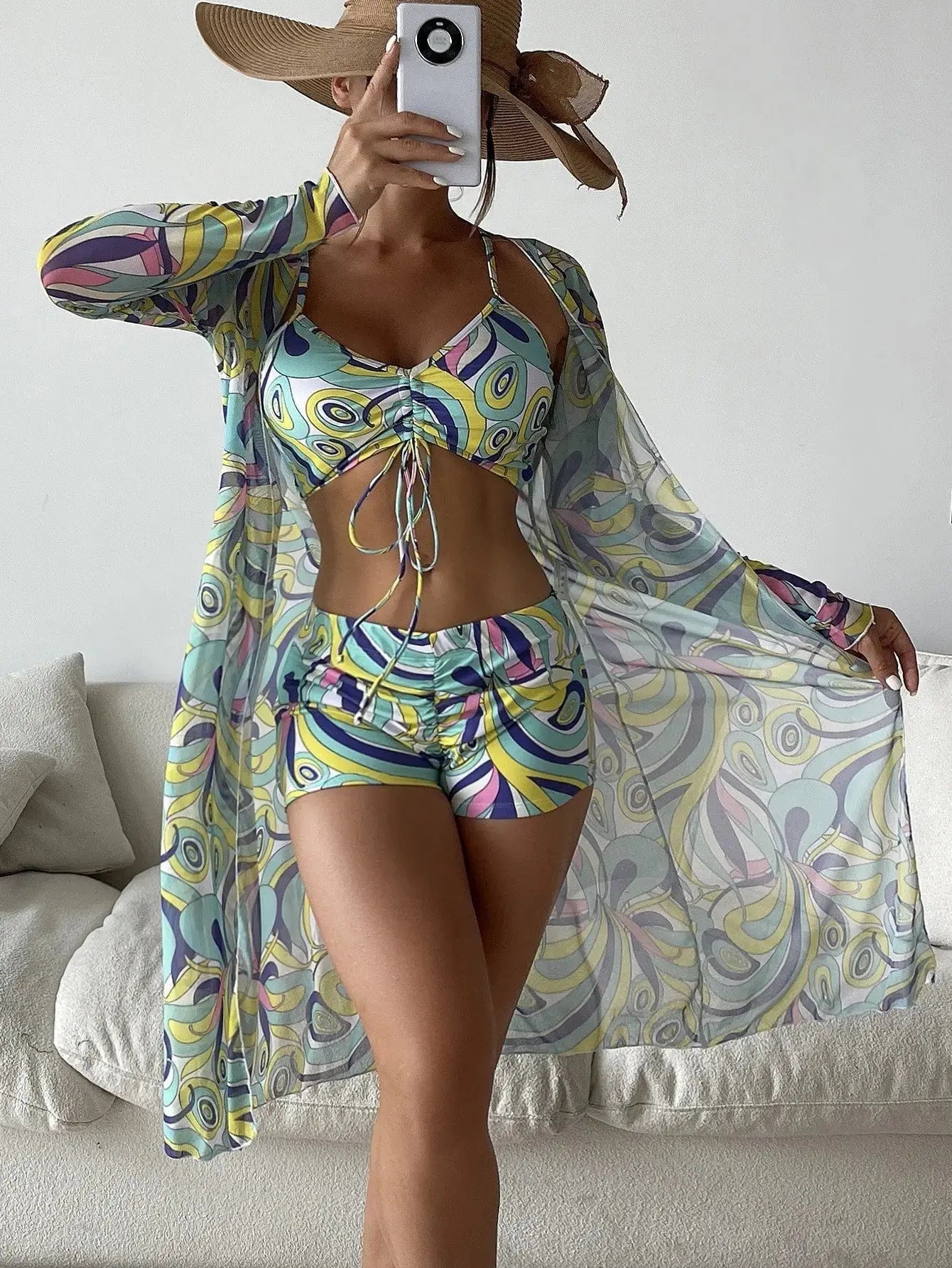 Women's 3 - Piece Print Bikini with Long Sleeve Cardigan - Xandu Limited