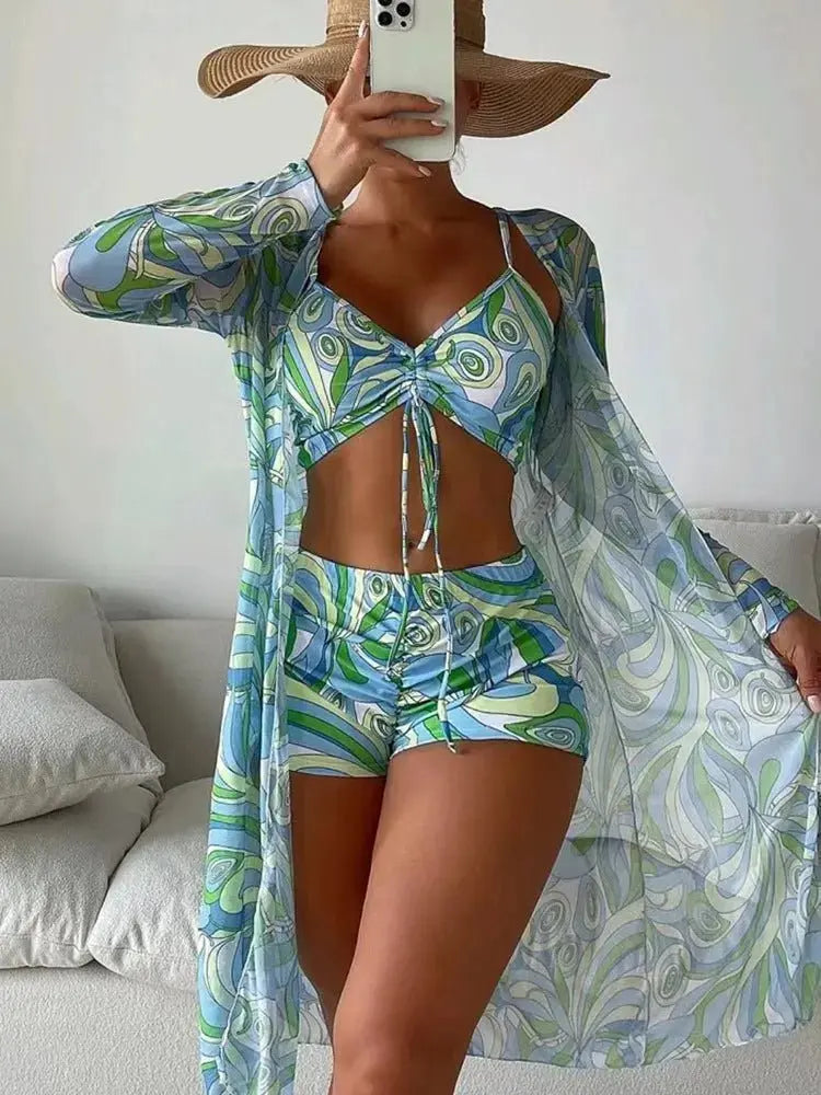 Women's 3 - Piece Print Bikini with Long Sleeve Cardigan - Xandu Limited