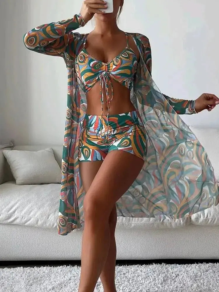 Women's 3 - Piece Print Bikini with Long Sleeve Cardigan - Xandu Limited