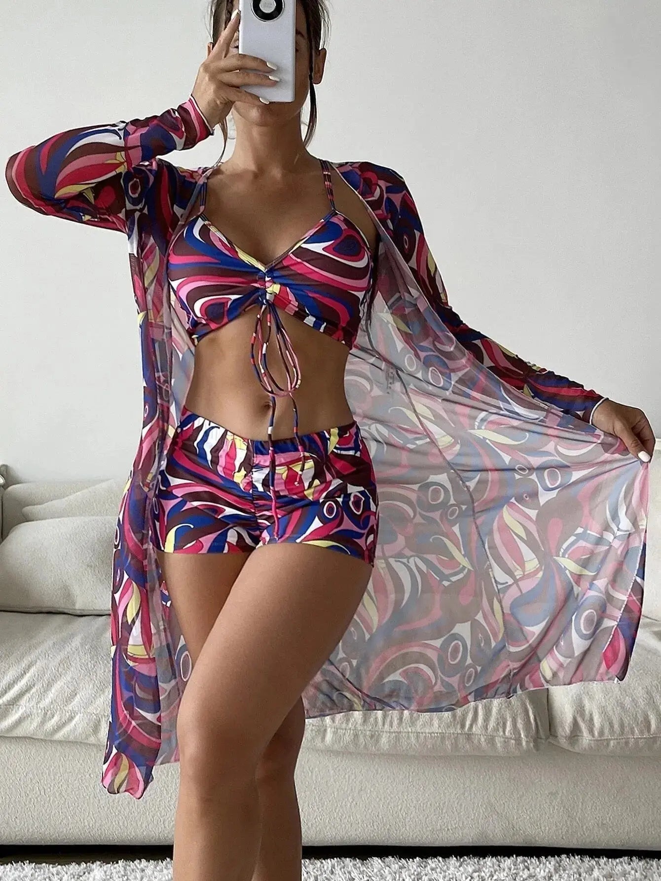 Women's 3 - Piece Print Bikini with Long Sleeve Cardigan - Xandu Limited