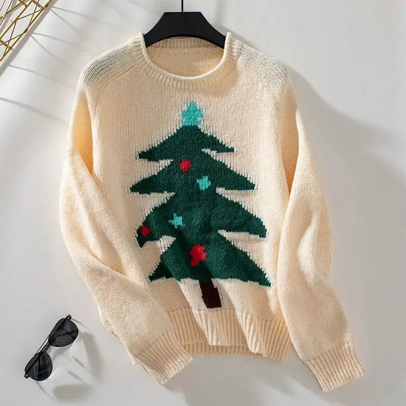 Women's Christmas Tree Sweater - Loose Round Neck Sweater - Xandu Limited