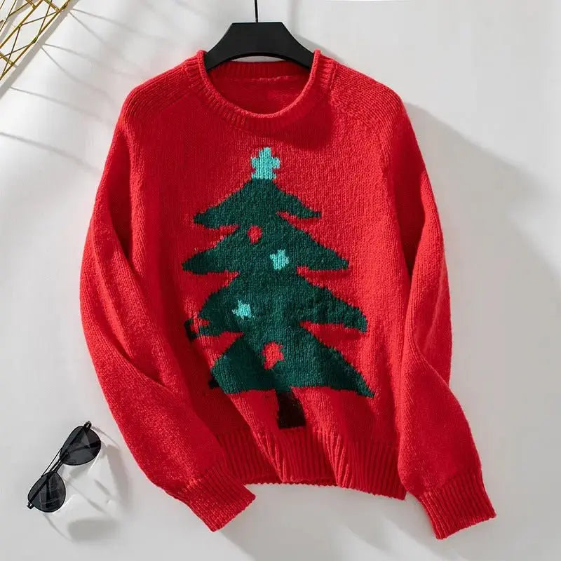 Women's Christmas Tree Sweater - Loose Round Neck Sweater - Xandu Limited