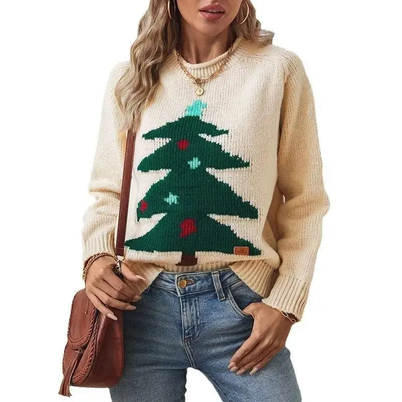 Women's Christmas Tree Sweater - Loose Round Neck Sweater - Xandu Limited