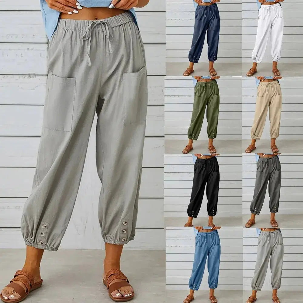 Women’s Drawstring Tie Pants - Cotton & Linen, Spring/Summer Trousers with Pockets - Xandu Limited