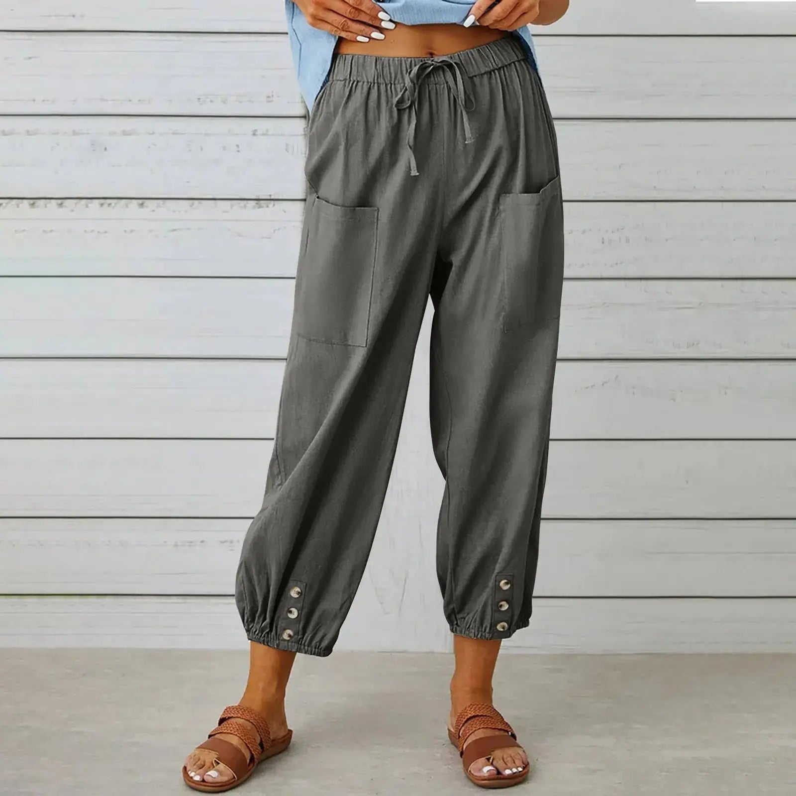 Women’s Drawstring Tie Pants - Cotton & Linen, Spring/Summer Trousers with Pockets - Xandu Limited