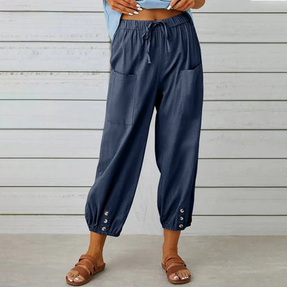 Women’s Drawstring Tie Pants - Cotton & Linen, Spring/Summer Trousers with Pockets - Xandu Limited