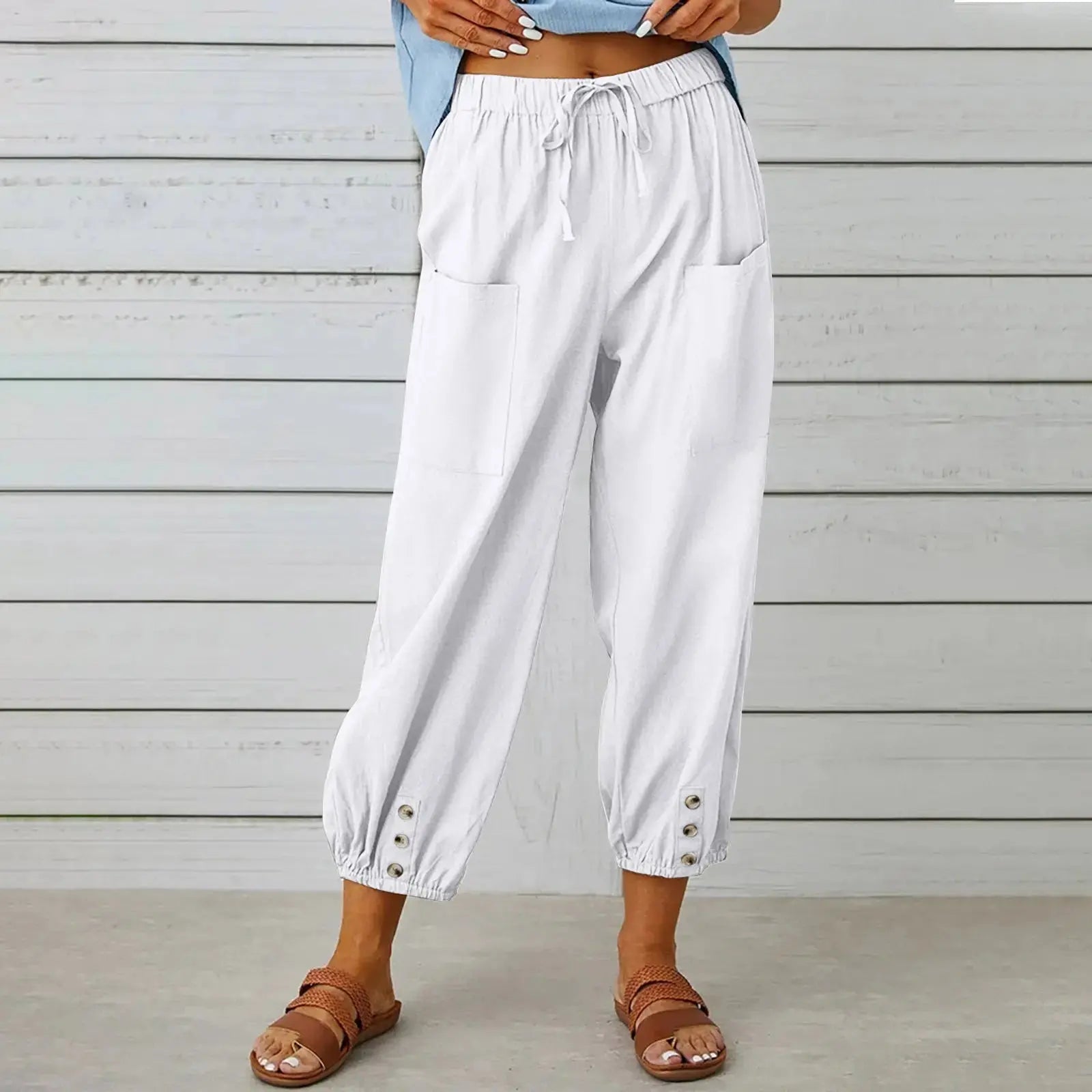 Women’s Drawstring Tie Pants - Cotton & Linen, Spring/Summer Trousers with Pockets - Xandu Limited