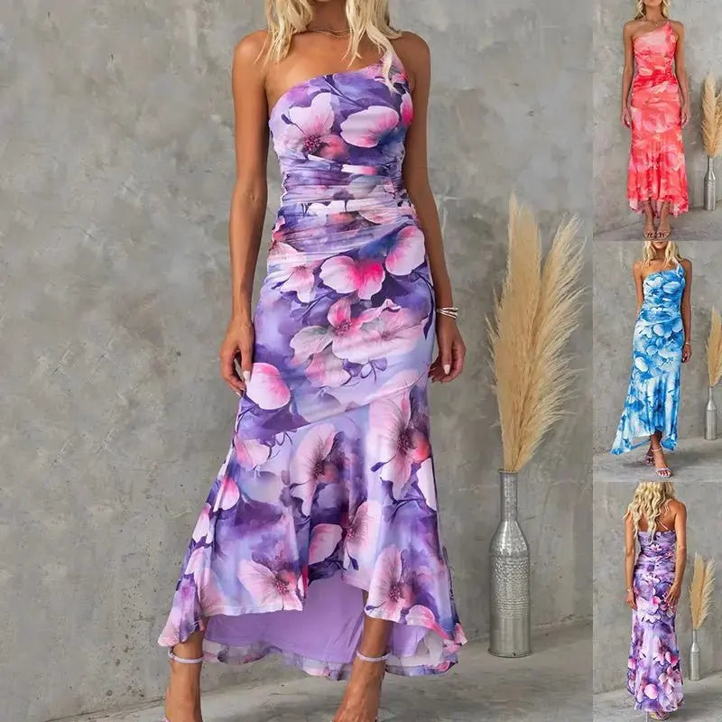 Women's Flower Print One - Shoulder Full length Dress - Xandu Limited