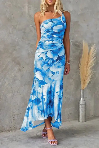 Women's Flower Print One - Shoulder Full length Dress - Xandu Limited