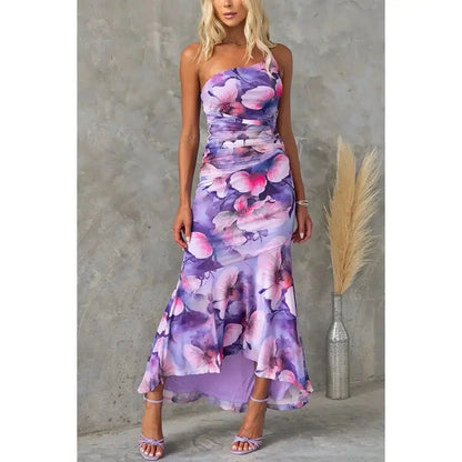 Women's Flower Print One - Shoulder Full length Dress - Xandu Limited