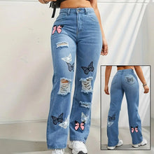 Women's High - Waisted Straight Leg Jeans - Trendy Butterfly Print Distressed Denim - Xandu Limited