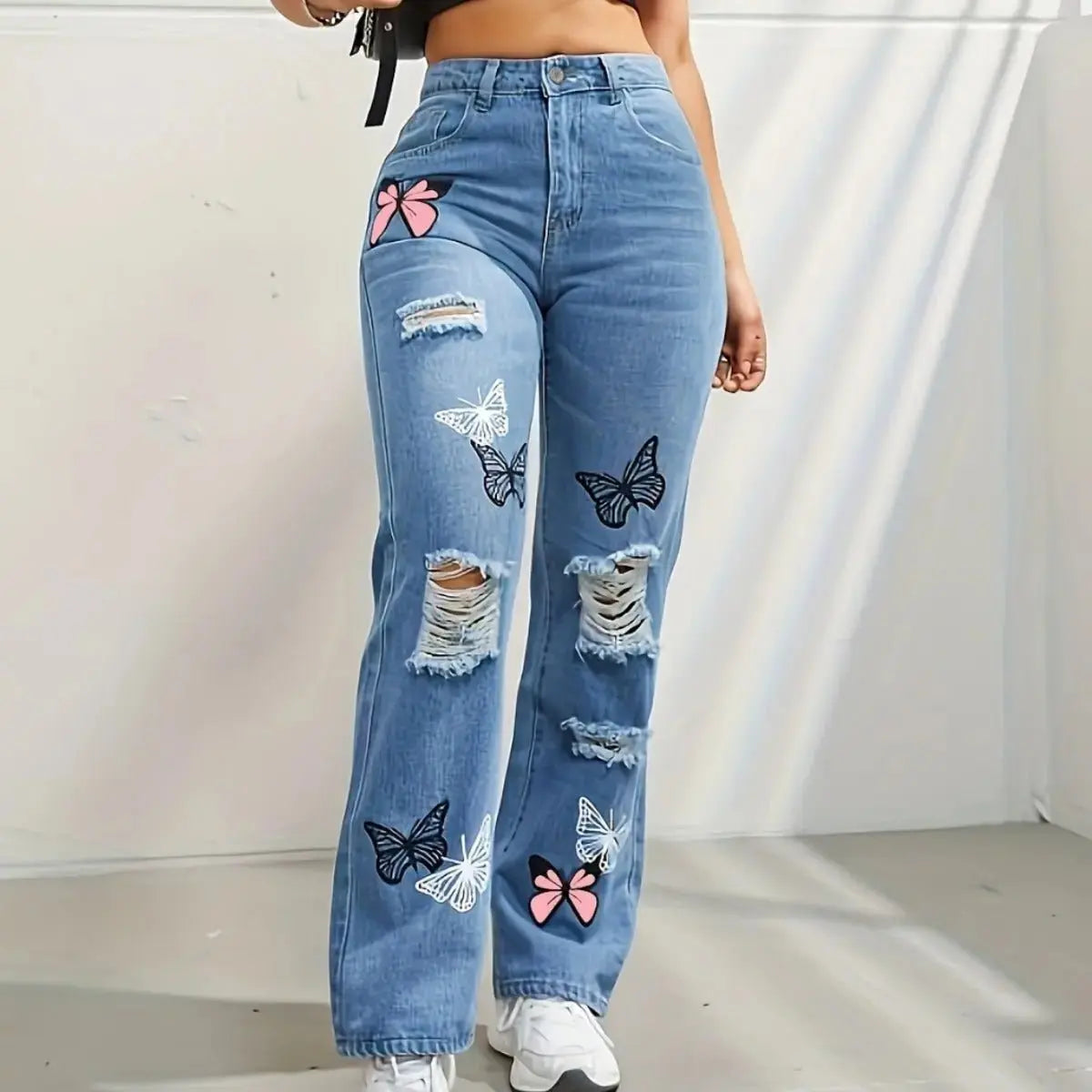 Women's High - Waisted Straight Leg Jeans - Trendy Butterfly Print Distressed Denim - Xandu Limited