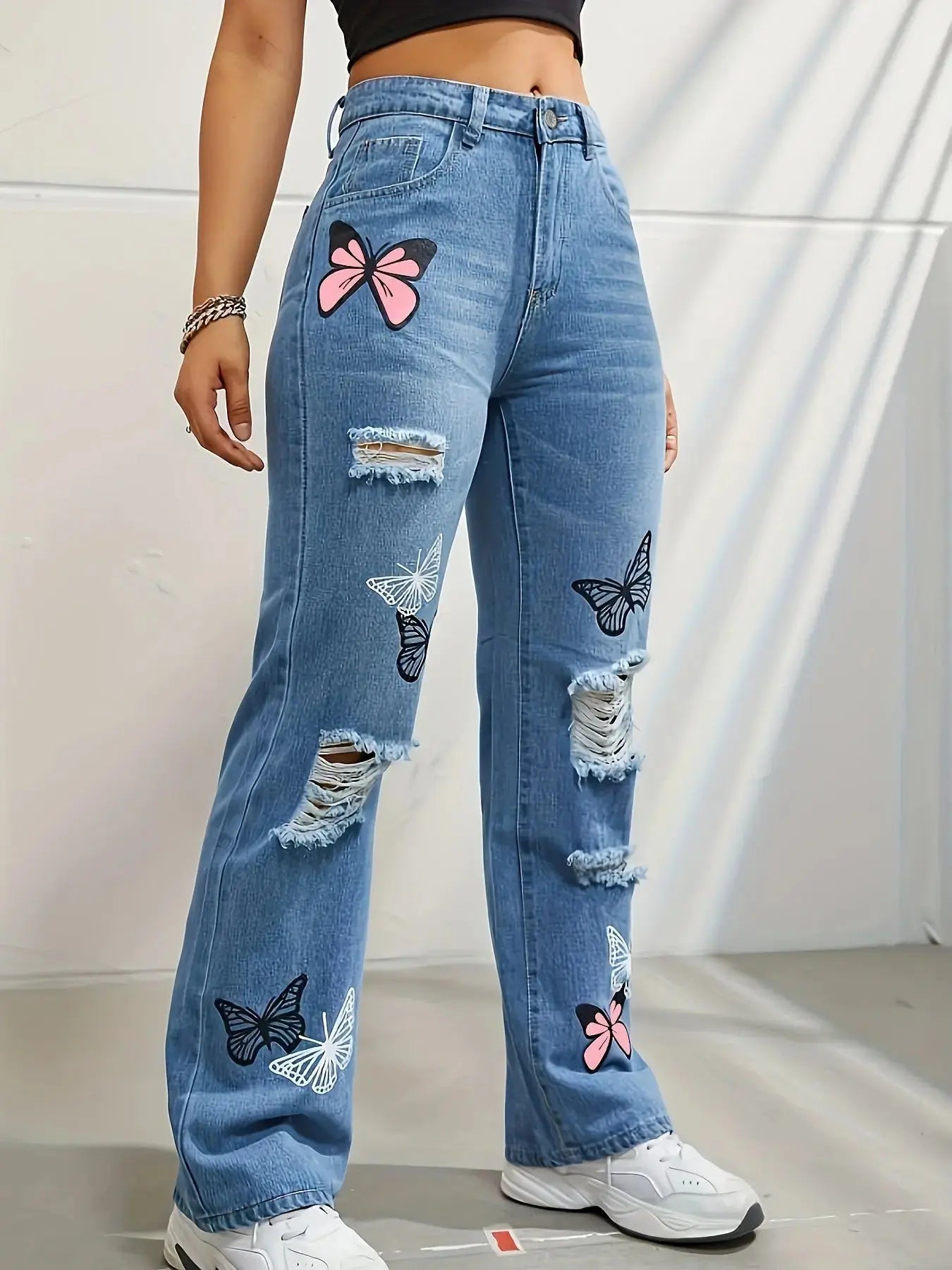 Women's High - Waisted Straight Leg Jeans - Trendy Butterfly Print Distressed Denim - Xandu Limited