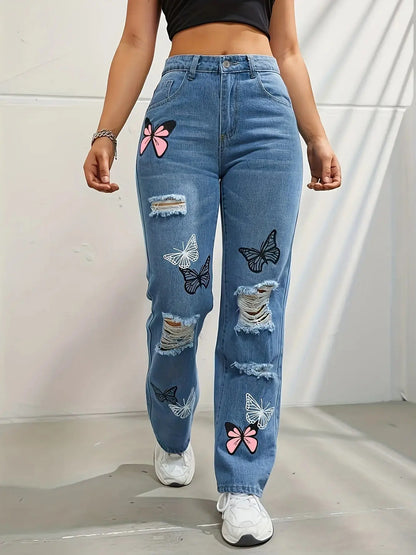 Women's High - Waisted Straight Leg Jeans - Trendy Butterfly Print Distressed Denim - Xandu Limited