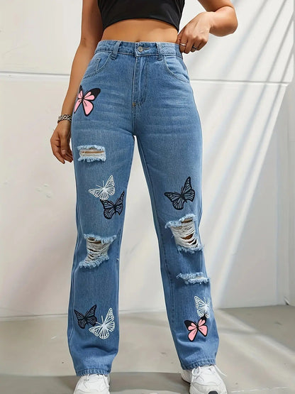 Women's High - Waisted Straight Leg Jeans - Trendy Butterfly Print Distressed Denim - Xandu Limited