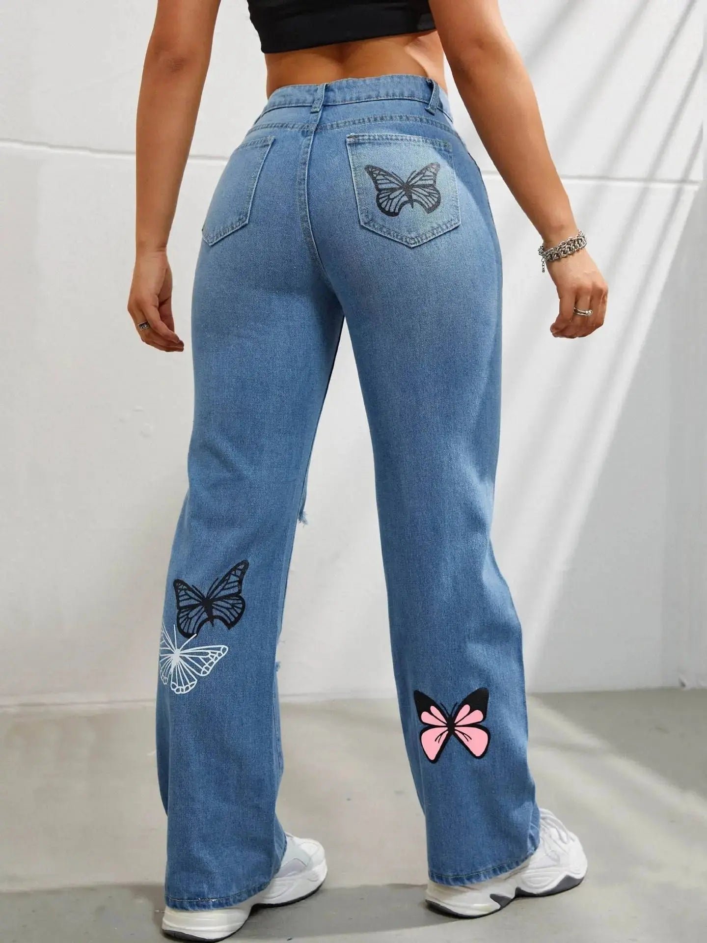 Women's High - Waisted Straight Leg Jeans - Trendy Butterfly Print Distressed Denim - Xandu Limited