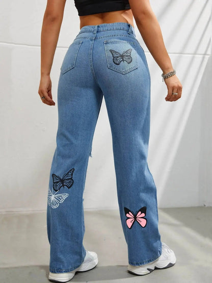 Women's High - Waisted Straight Leg Jeans - Trendy Butterfly Print Distressed Denim - Xandu Limited