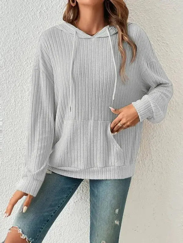 Women's Hoodie Long - sleeved Drawstring with Pockets & Stripe Knitwear - Xandu Limited