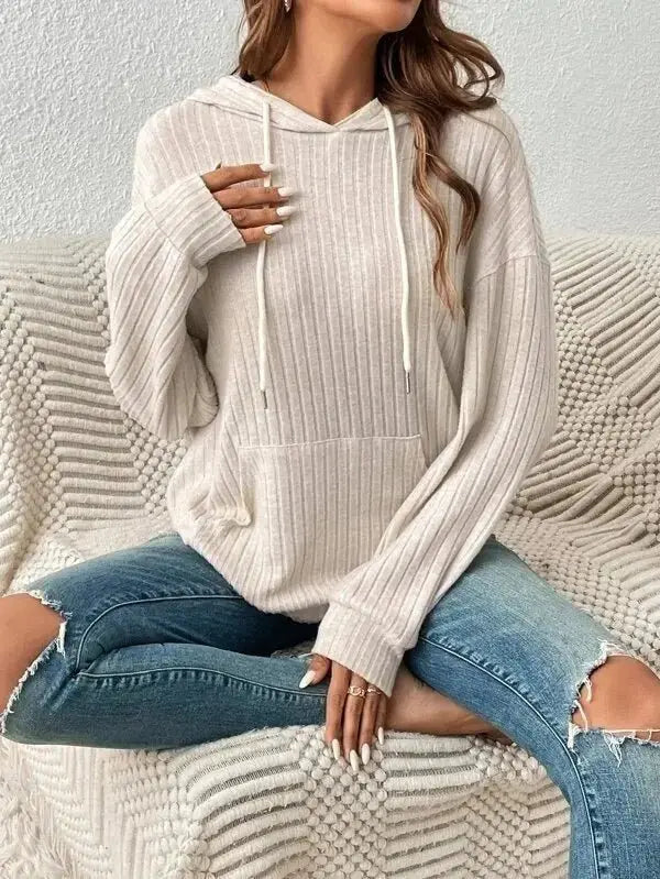 Women's Hoodie Long - sleeved Drawstring with Pockets & Stripe Knitwear - Xandu Limited