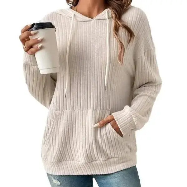 Women's Hoodie Long - sleeved Drawstring with Pockets & Stripe Knitwear - Xandu Limited