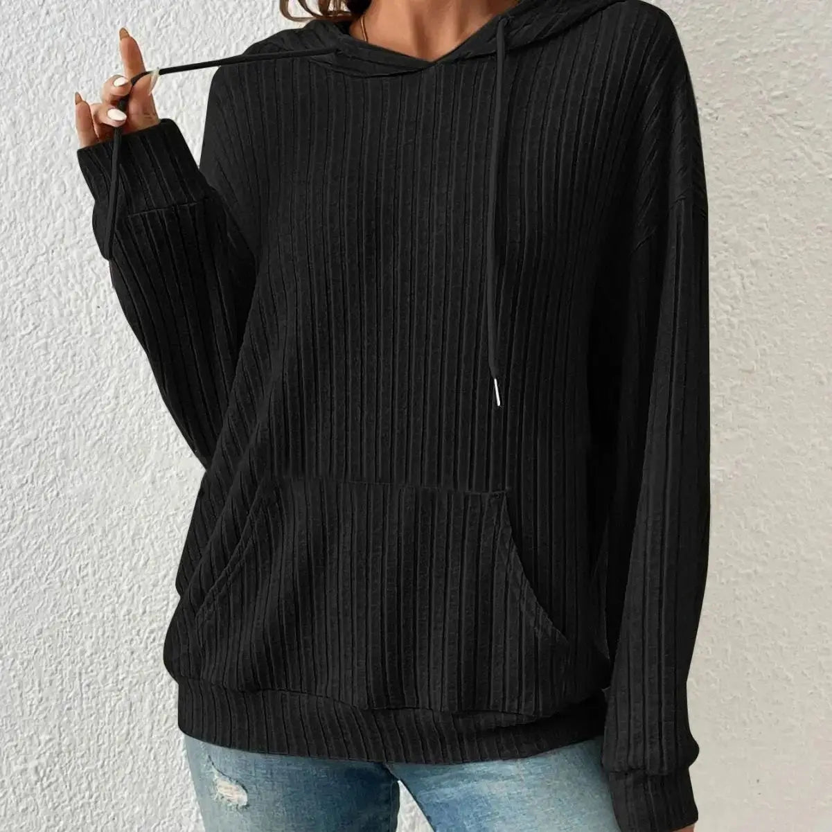 Women's Hoodie Long - sleeved Drawstring with Pockets & Stripe Knitwear - Xandu Limited