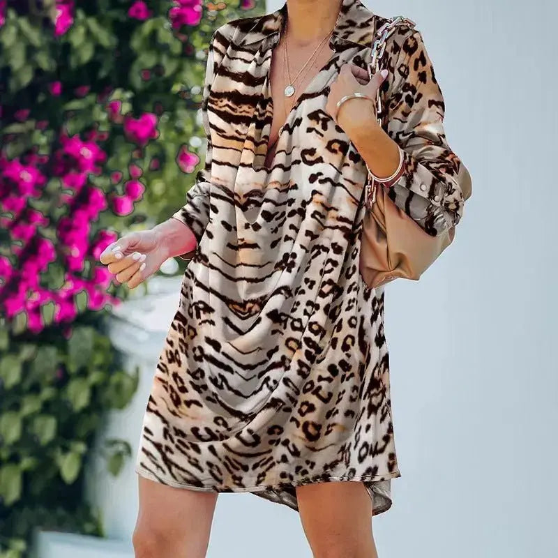 Women's Leopard Print Long sleeve A - Line Party Mini Dress - Xandu Limited