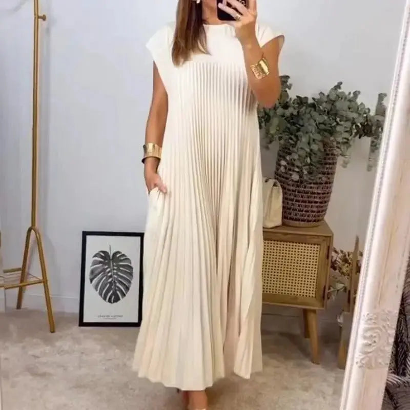 Women's Short Sleeve Pleated Long Dress - Xandu Limited