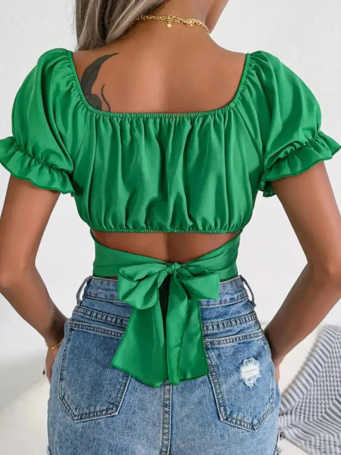 Women's Square Neck Crisscross Flounce Sleeve Cropped Top - Xandu Limited