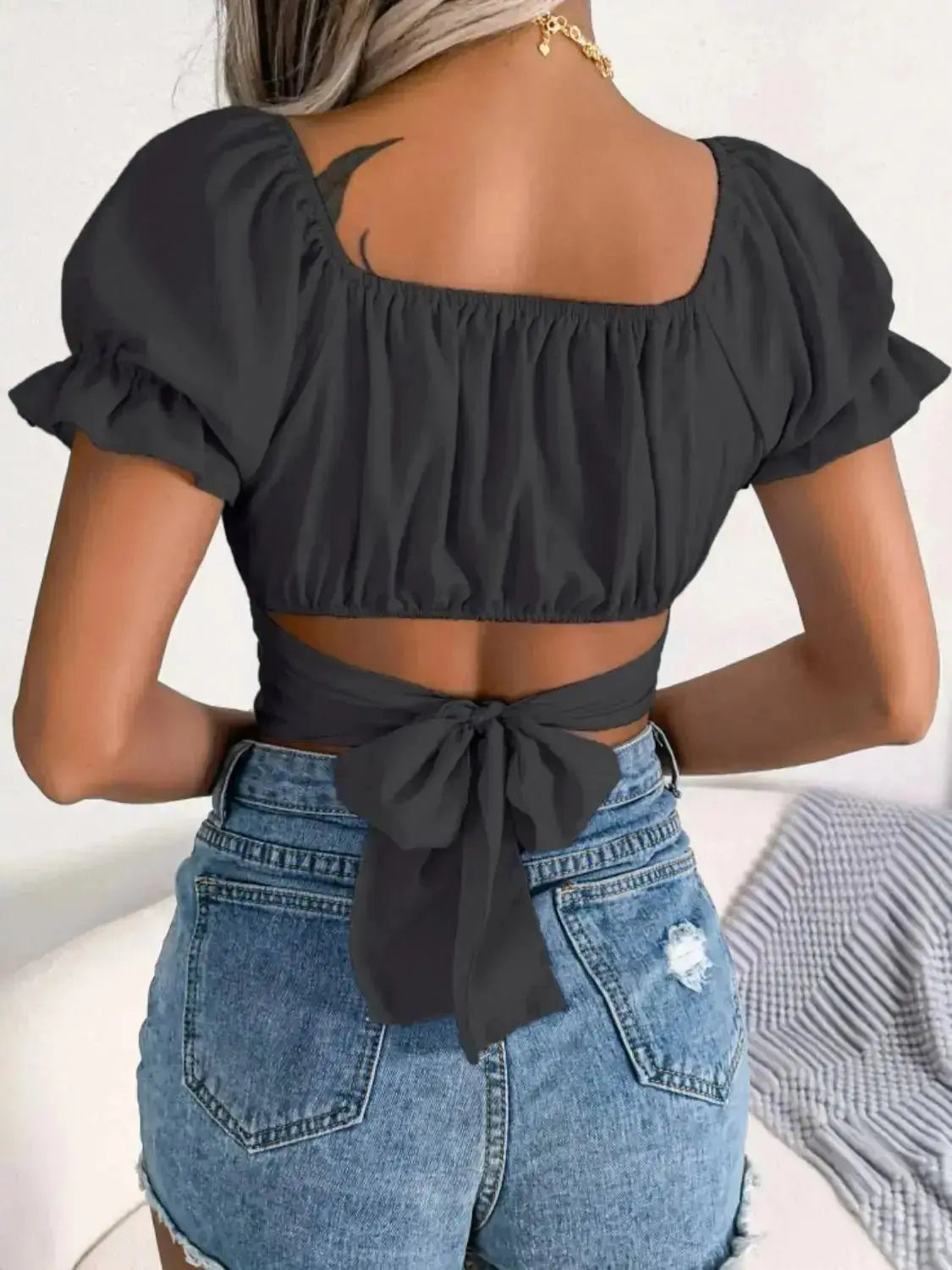 Women's Square Neck Crisscross Flounce Sleeve Cropped Top - Xandu Limited