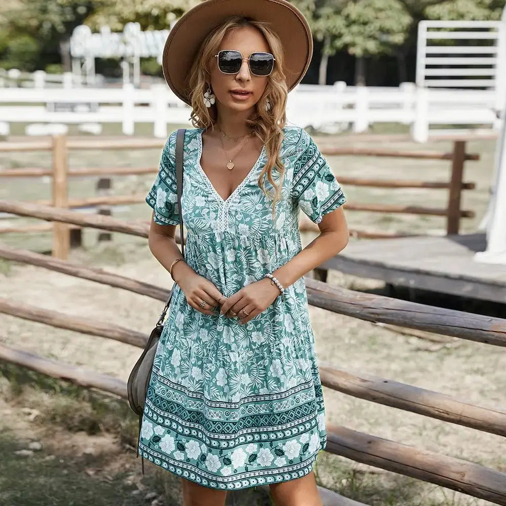 Women's Summer Boho Flower Print V Neck Dress - Xandu Limited