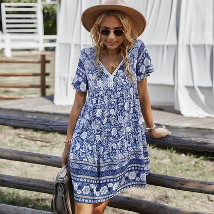 Women's Summer Boho Flower Print V Neck Dress - Xandu Limited