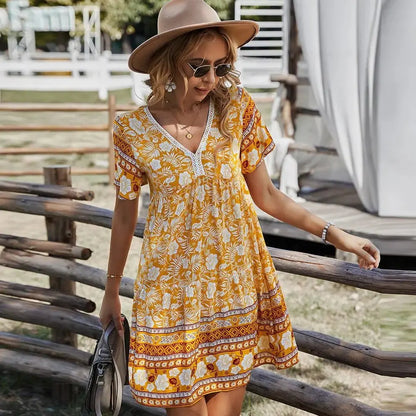 Women's Summer Boho Flower Print V Neck Dress - Xandu Limited