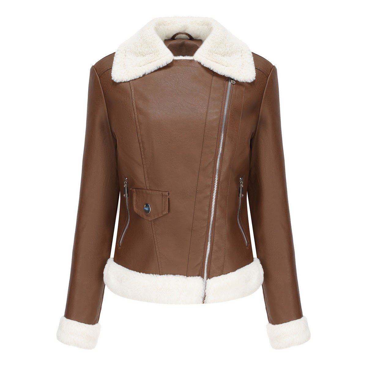 Fleece Leather Jacket Female European Code Warm Long Sleeves Turn - down Collar Coat - Xandu Limited