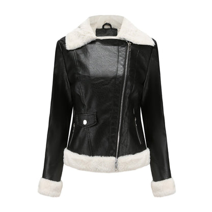 Fleece Leather Jacket Female European Code Warm Long Sleeves Turn - down Collar Coat - Xandu Limited