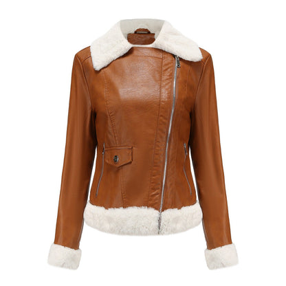 Fleece Leather Jacket Female European Code Warm Long Sleeves Turn - down Collar Coat - Xandu Limited