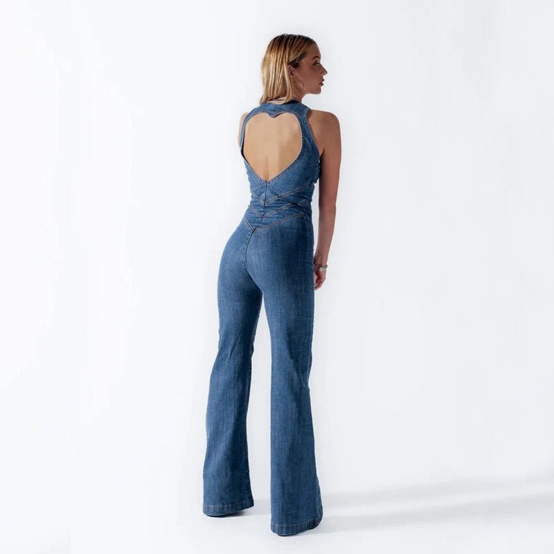 Heart - Shape Backless Denim Jumpsuit – High Waist Retro Summer Style - Xandu Limited